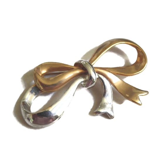 Large Silver and Gold Tone Bow Brooch Vintage - image 3