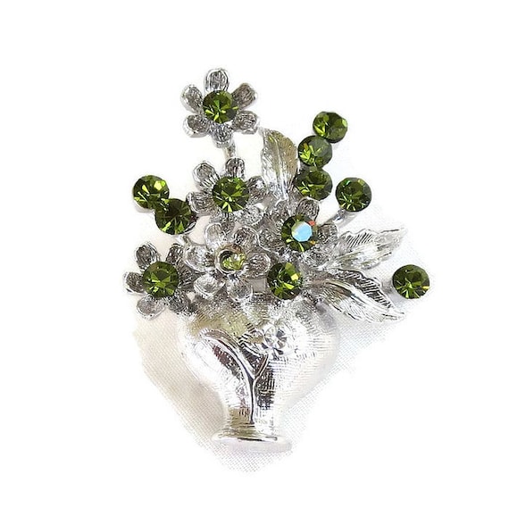Green Rhinestone Flower Bouquet Brooch Vintage in Silver Tone Vase