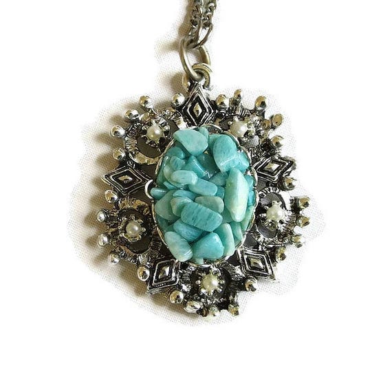 Turquoise & Faux Pearls Pendant Necklace Vintage - image 1