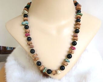 Polished Blue, White & Rose Howlite Stones, Black Glass and Cork Beads Necklace Vintage Boho Hippie