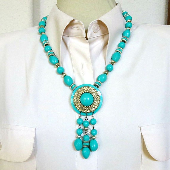 Aqua Blue Pendant Tassel Necklace Vintage Beaded - image 2