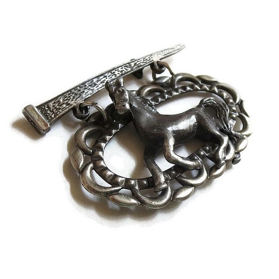 Pewter Dangle Horse Brooch Vintage with Horseshoe… - image 3