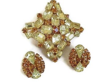 Citrine & Golden Topaz Rhinestone Brooch and Earrings Set Vintage