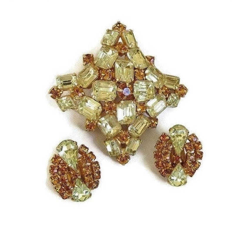 Citrine /& Golden Topaz Rhinestone Brooch and Earrings Set Vintage