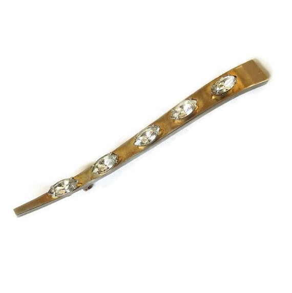 Art Deco Clear Rhinestones Long Curved Bar Brooch 