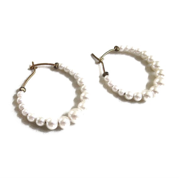 Graduated White Faux Pearl Hoop Pierced Earrings … - image 4