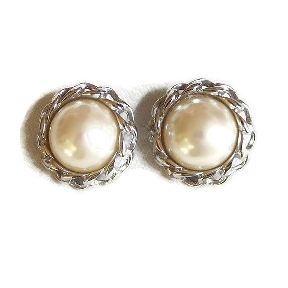 Large White Glass Pearl Button Earrings Encircled… - image 1