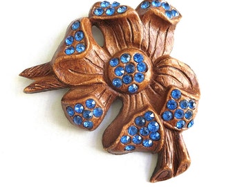 Composite Dogwood Flower Brooch with Bright Blue Rhinestones Vintage Arts and Crafts