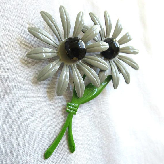 Double Daisy Flower Power Brooch Vintage Gray, Bl… - image 3