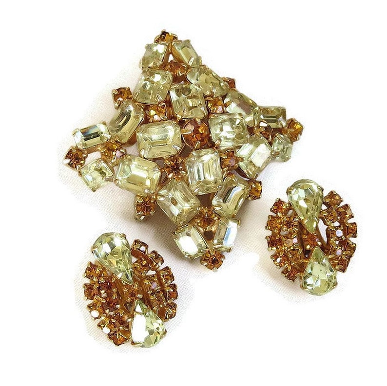 Citrine /& Golden Topaz Rhinestone Brooch and Earrings Set Vintage