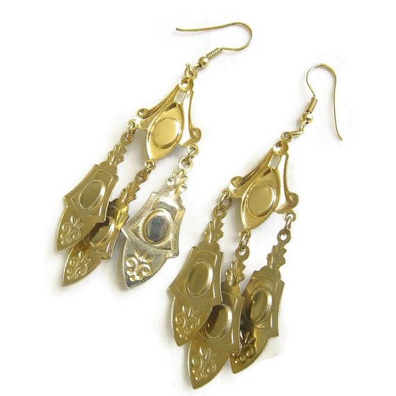 Fleur De Lis Dangle Earrings Stamped Eloxal and Black Lucite