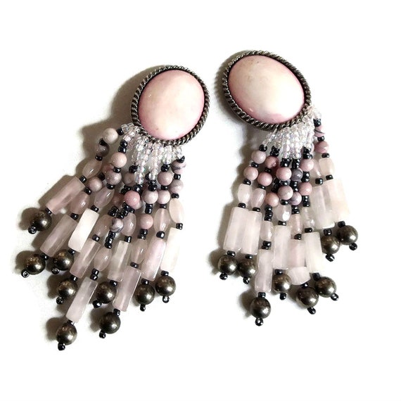 Pink Glass Cabochons and Dangle Rose Quartz Beads… - image 1
