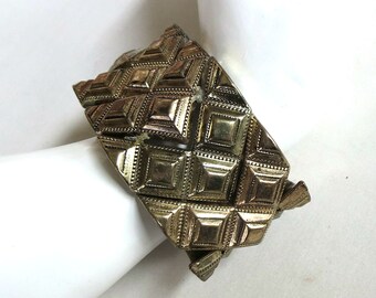 Antiqued Geometric Brass Hollow Metal Stretch Bracelet Vintage Wide