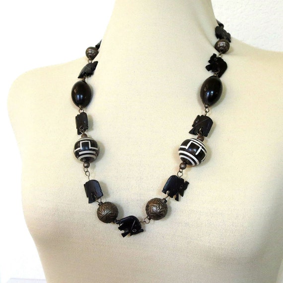 Carved Black Wood Elephant Necklace with Ethnic W… - image 4