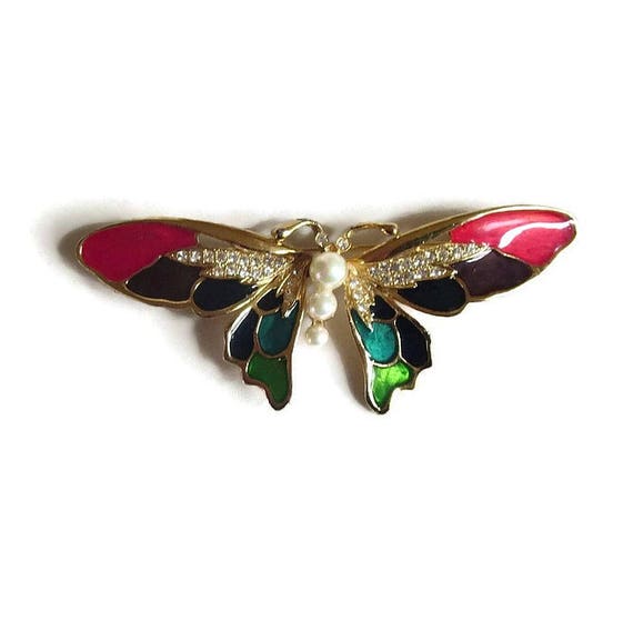 Enamel, Rhinestones & Pearl Butterfly Brooch Vint… - image 2