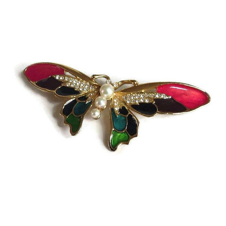 Enamel, Rhinestones & Pearl Butterfly Brooch Vintage image 3