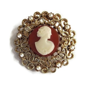 Victorian Revival Lady Cameo Brooch Molded Celluloid & Faux Pearl Filigree signed JJ