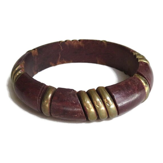 Wood Bangle Bracelet with Brass Insets Vintage Bo… - image 5