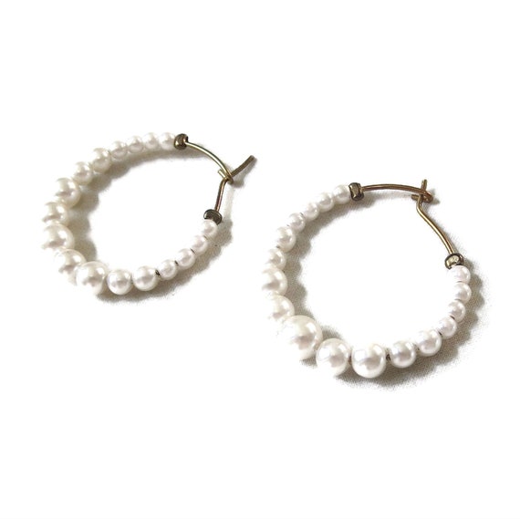 Graduated White Faux Pearl Hoop Pierced Earrings … - image 8