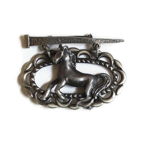 Pewter Dangle Horse Brooch Vintage with Horseshoe… - image 1
