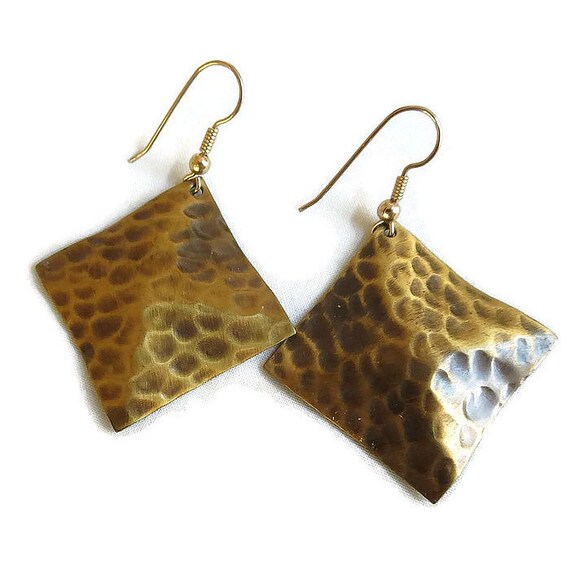 Hammered Copper Dangle Earrings Vintage Square - image 3