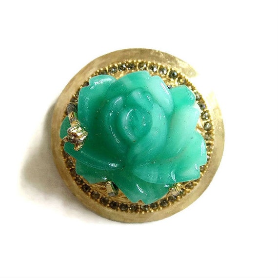 Green Faux Jade Lucite Molded Flower Gold Tone Mid Century Clip Earrings