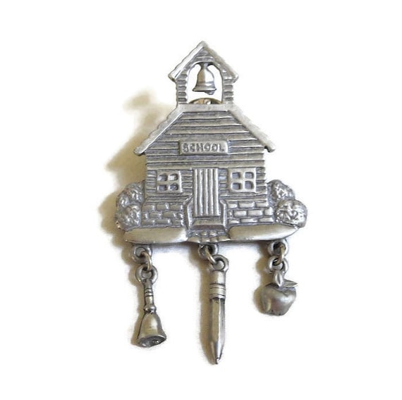 Pewter Old One Room Schoolhouse Dangle Brooch Vin… - image 1