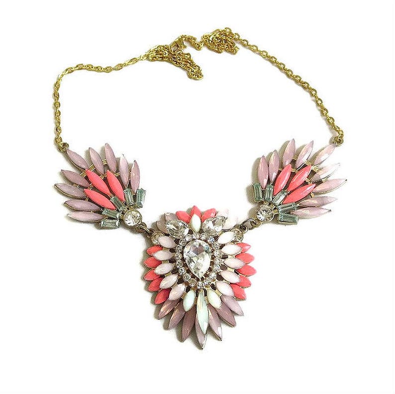 Multi-Color Rhinestone Bib Necklace Vintage Large Rainbow of Pastel Colors