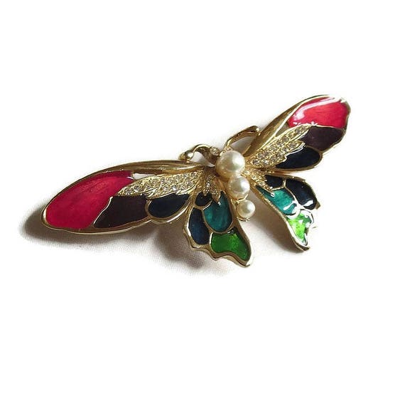 Enamel, Rhinestones & Pearl Butterfly Brooch Vint… - image 4