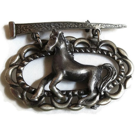 Pewter Dangle Horse Brooch Vintage with Horseshoe… - image 5
