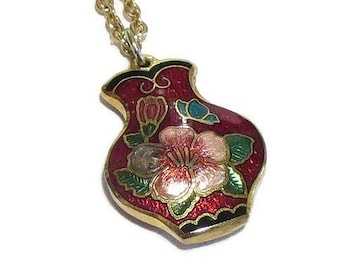 Guilloche Enamel Pendant Necklace Flower Vase Vintage with Poinsettia and Butterfly