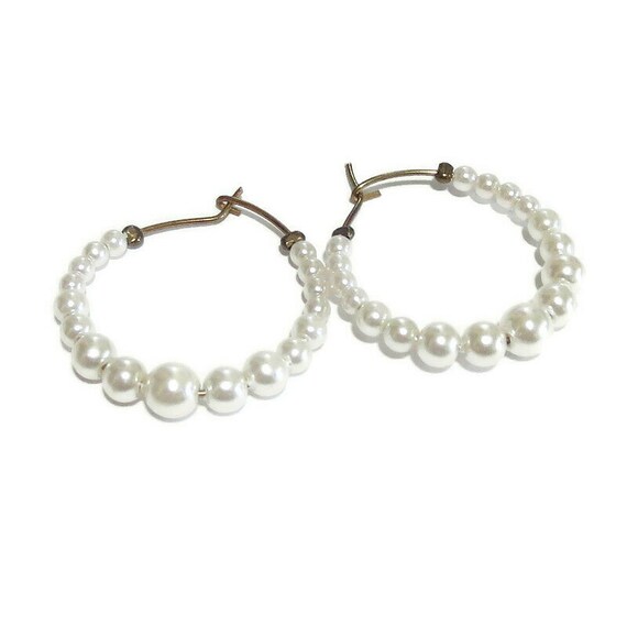 Graduated White Faux Pearl Hoop Pierced Earrings … - image 3