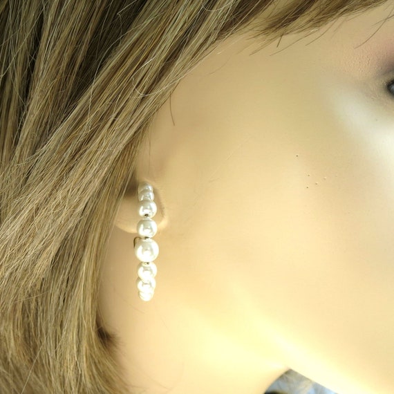 Graduated White Faux Pearl Hoop Pierced Earrings … - image 1