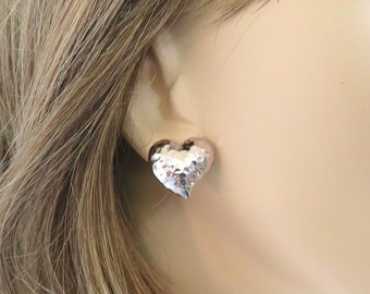 Modernist Hammered Silver Tone Heart Earrings Vintage