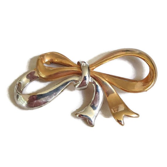 Large Silver and Gold Tone Bow Brooch Vintage - image 5