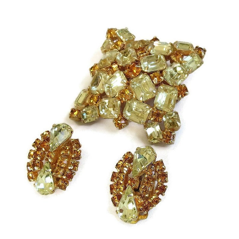 Citrine /& Golden Topaz Rhinestone Brooch and Earrings Set Vintage