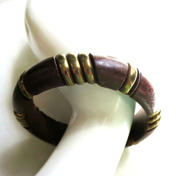 Wood Bangle Bracelet with Brass Insets Vintage Bo… - image 4