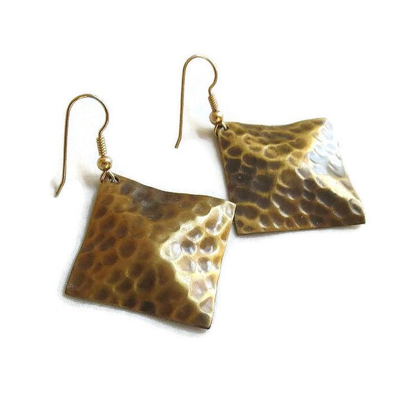 Hammered Copper Dangle Earrings Vintage Square - image 4