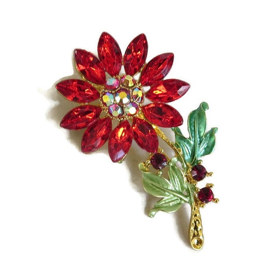 Green Enamel Flower Brooch with Red and Aurora Bo… - image 5