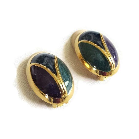 Purple, Blue & Green Poured Enamel Earrings Vinta… - image 2