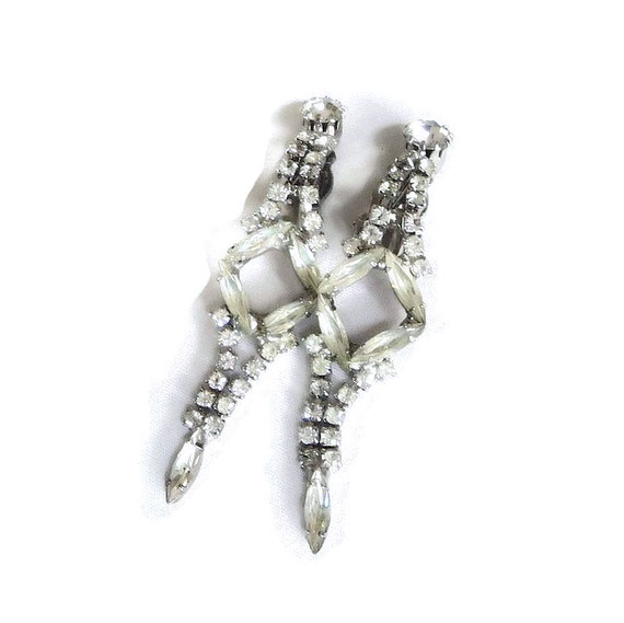 Long Clear Rhinestone Dangle Earrings Vintage Wed… - image 1