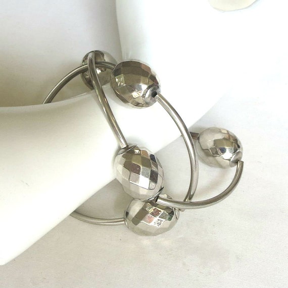 Faceted Silver Tone Metal Ball Beads Bracelets Vi… - image 6