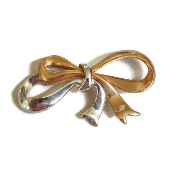 Large Silver and Gold Tone Bow Brooch Vintage - image 2