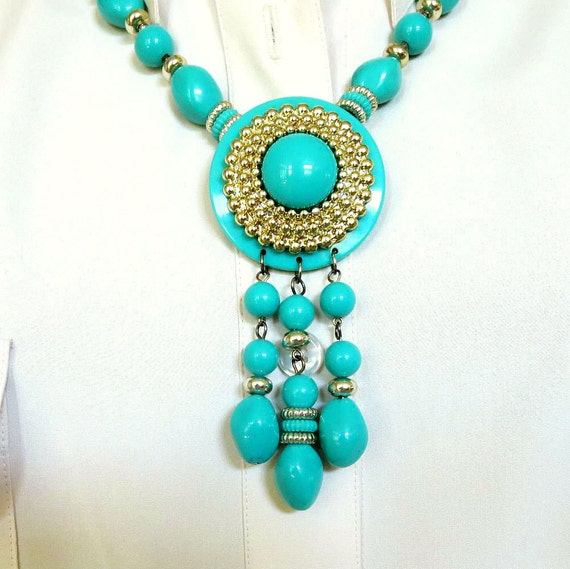 Aqua Blue Pendant Tassel Necklace Vintage Beaded - image 1
