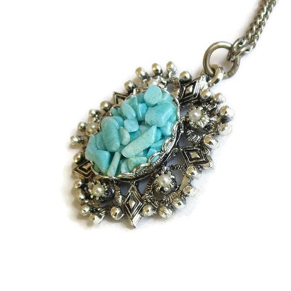 Turquoise & Faux Pearls Pendant Necklace Vintage - image 3