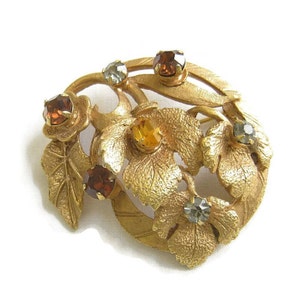 Rhinestone Layered Dome Leaf Brooch with Topaz, Amber, and Light Blue Vintage