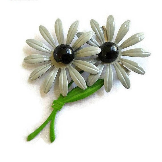 Double Daisy Flower Power Brooch Vintage Gray, Bl… - image 1