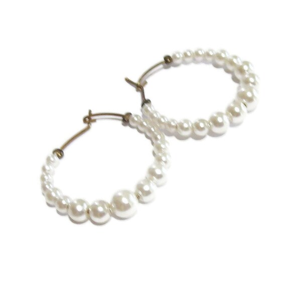 Graduated White Faux Pearl Hoop Pierced Earrings … - image 7