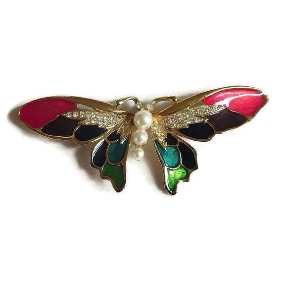 Enamel, Rhinestones & Pearl Butterfly Brooch Vint… - image 1