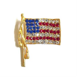 Red, White and Blue Rhinestone Flag Brooch Vintage Patriotic Pin